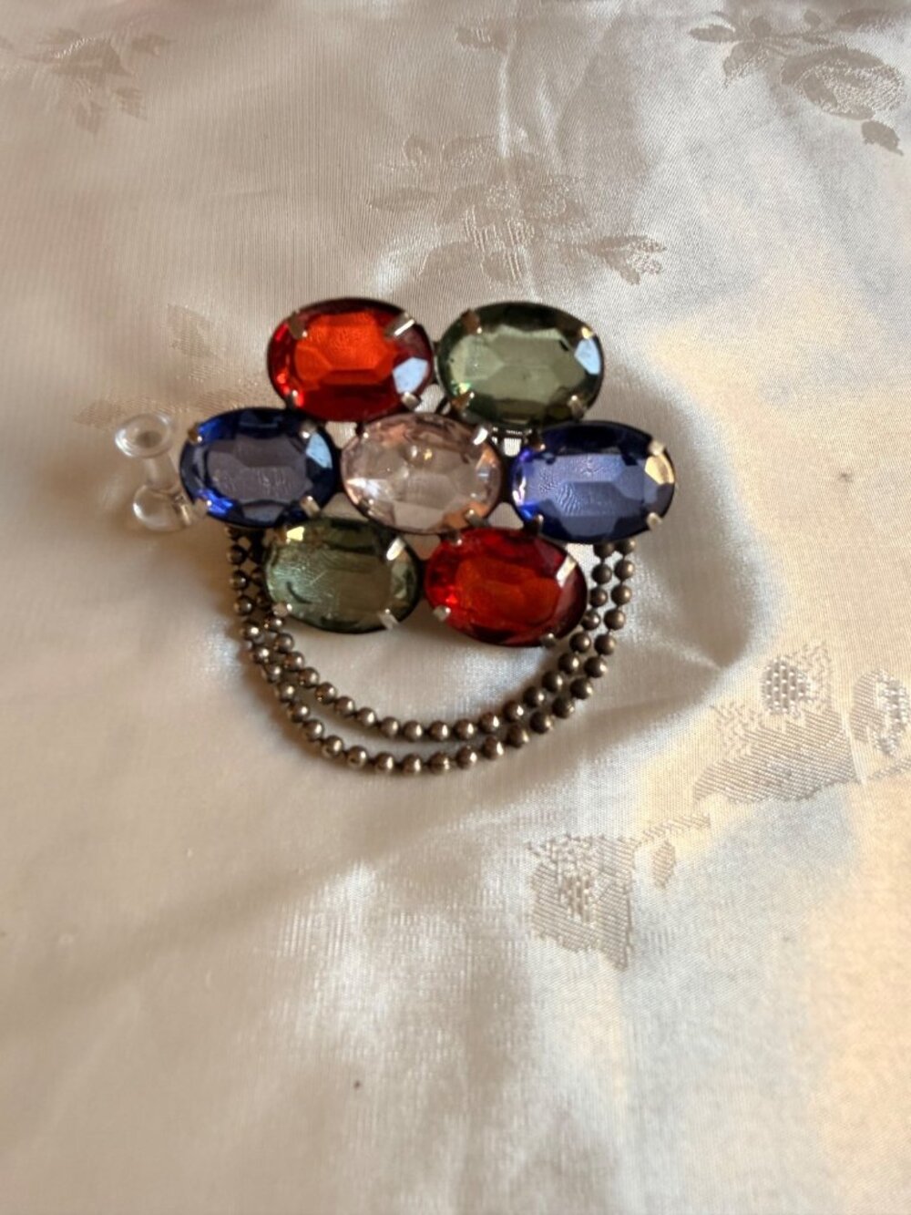 Multi-Color Rhinestone Vintage Brooch w/ Faceted  Faux Gems and Chain